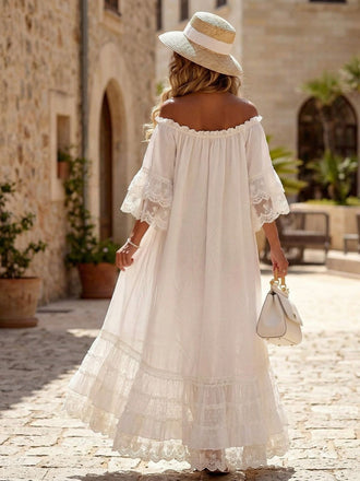 Abito Bianco Boho Spalle Scoperte in Pizzo a Balze Anni '70 2