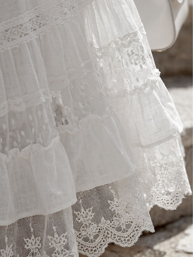 Abito Bianco Boho Spalle Scoperte in Pizzo a Balze Anni '70 3