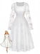 White vintage dress with floral embroidered lace and square neckline in 1950s retro style