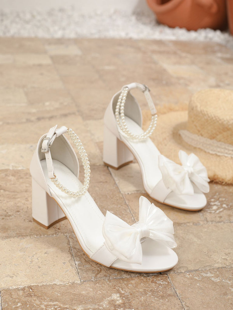 Sandali da Matrimonio con Perle Cinturino e Tacco Largo Bianchi 4