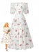 White 1930s Floral Ruffled Off-Shoulder Puff Dress model view