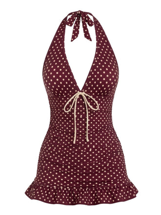 Costumi Bordeaux Anni '40 a Pois con Scollo All'americana