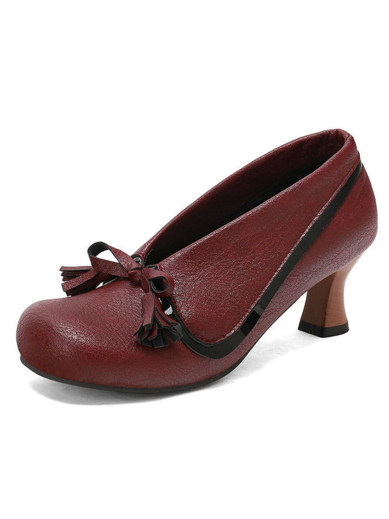 Scarpe con tacco spesso e punta tonda in PU con fiocco