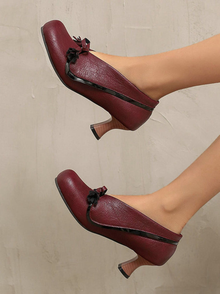 Scarpe con tacco spesso e punta tonda in PU con fiocco