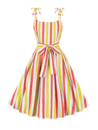 Abito a righe con cintura spalline annodate giallo anni '50