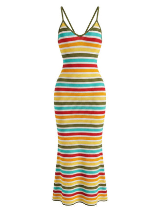Abito Aderente Bohémien a Righe a Maglia Schiena Scoperta Multicolore Anni '70 2