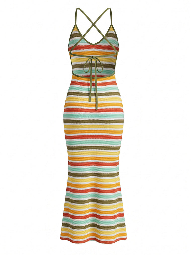 Abito Aderente Bohémien a Righe a Maglia Schiena Scoperta Multicolore Anni '70 4