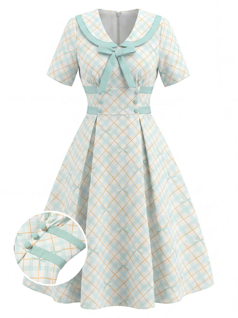 [Prevendita] Abito con Colletto alla Peter Pan a Quadri con Fiocco Giallo & Blu Anni '50