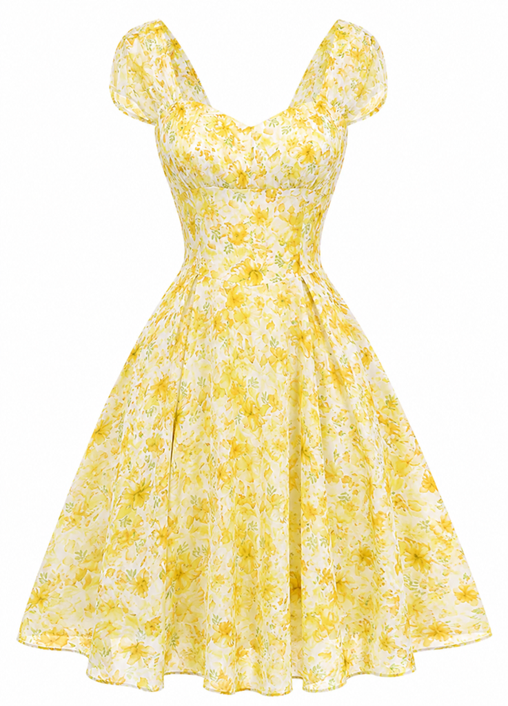 [Prevendita] Abito Giallo Anni '50 Floreale con Scollo a Cuore e Fiocco