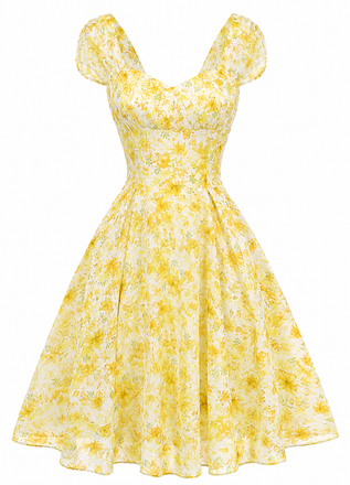 [Prevendita] Abito Giallo Anni '50 Floreale con Scollo a Cuore e Fiocco