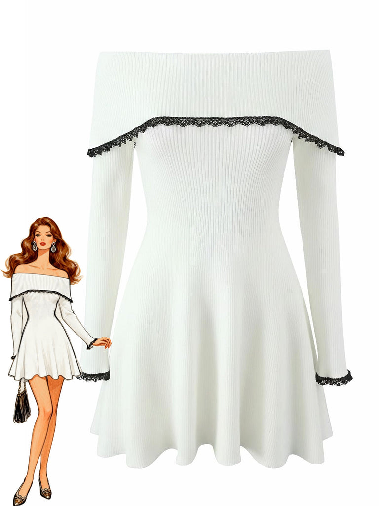 Abito in pizzo a maglia con spalle scoperte bianco anni '70
