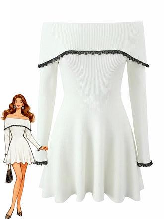 Abito in pizzo a maglia con spalle scoperte bianco anni '70
