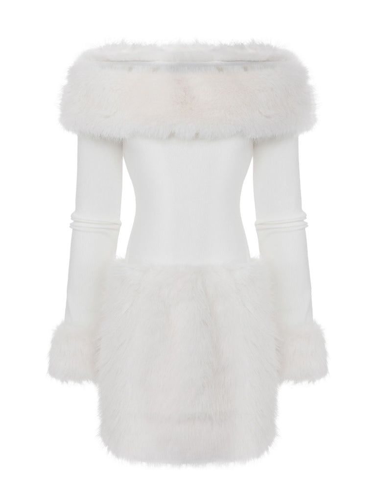 Abito con spalle scoperte in pelliccia sintetica natalizio bianco anni '60