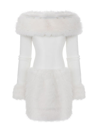 Abito con spalle scoperte in pelliccia sintetica natalizio bianco anni '60