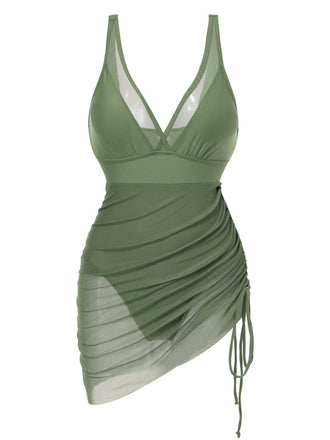 Costumi intero in rete trasparente con spalline verde anni '50
