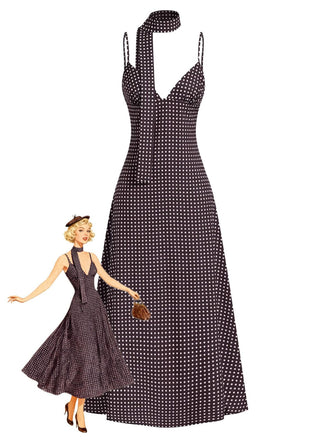 Abito a pois con scollo a V e spalline sottili marrone anni '80