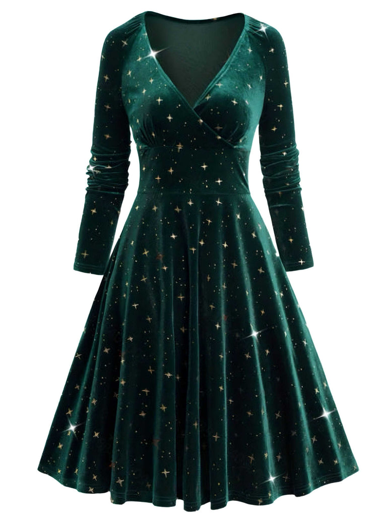 Abito in velluto con scollo a V e stelle verde scuro anni '40