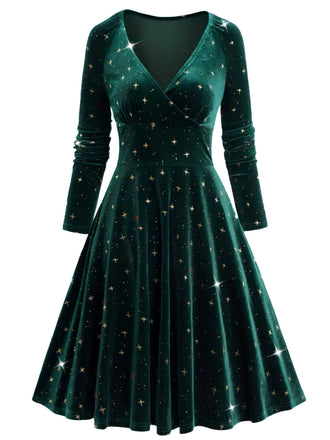 Abito in velluto con scollo a V e stelle verde scuro anni '40