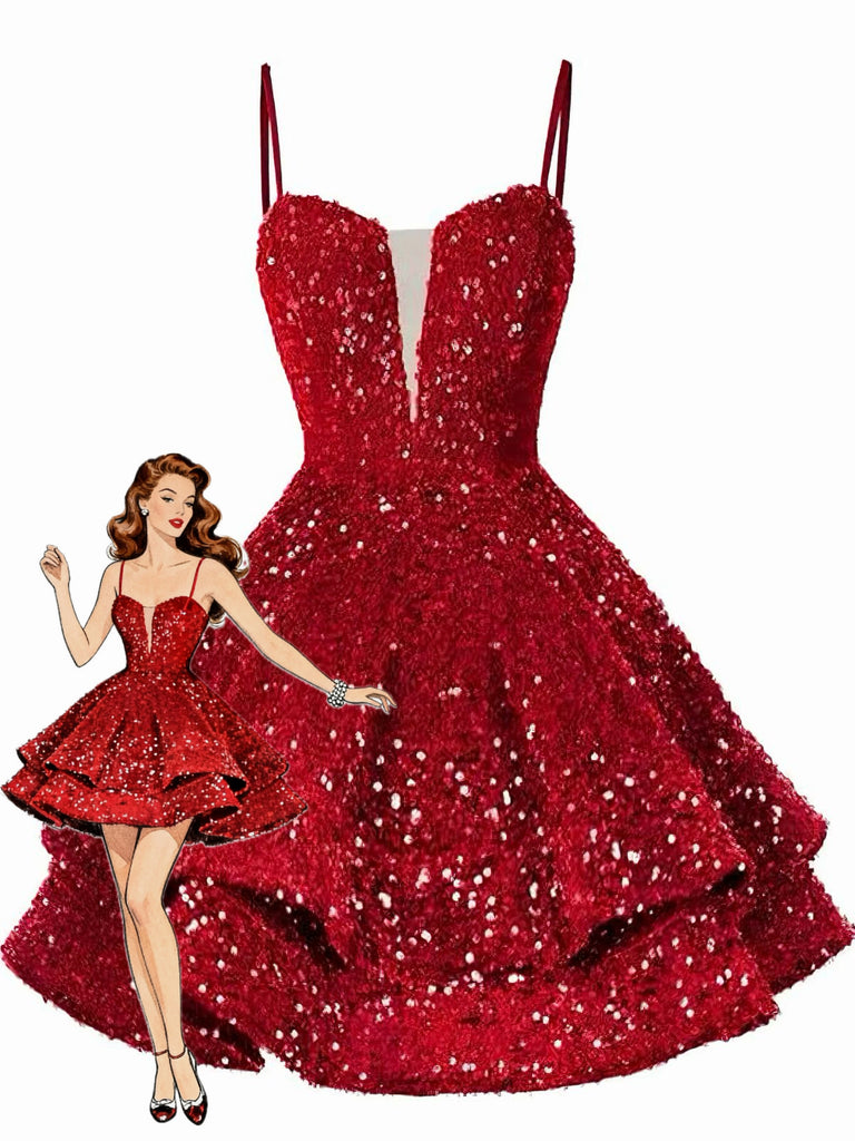 Mini abito da festa con scollo a V profondo e lacci rosso anni '50