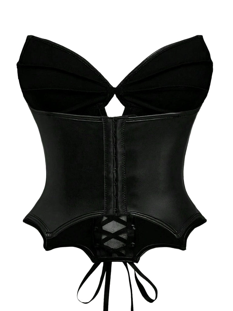 Corsetto gotico in pelle con ali di pipistrello nero anni '70