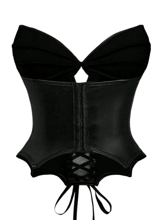 Corsetto gotico in pelle con ali di pipistrello nero anni '70