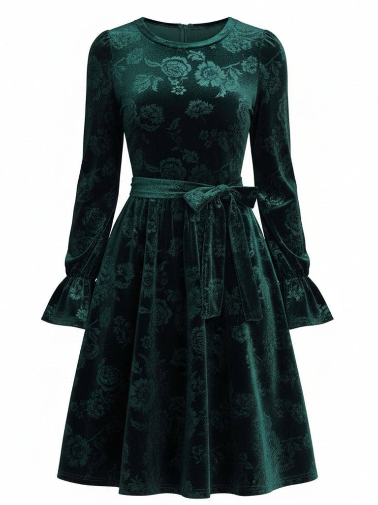 Abito jacquard in velluto con rose verde anni '60