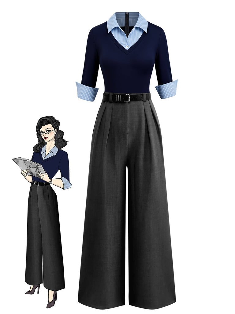 Tuta lunga con maniche a 3/4 in maglia colorblock blu anni '40