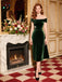 Abito Bardot in velluto arricciature e spalle scoperte verde anni '40