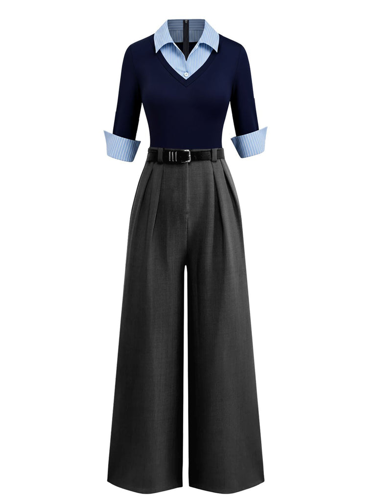 Tuta lunga con maniche a 3/4 in maglia colorblock blu anni '40