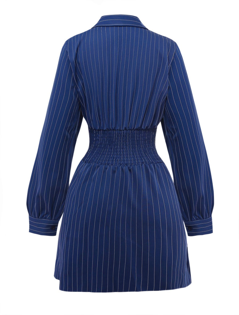 Abito camicia a righe con scollo a V blu anni '60