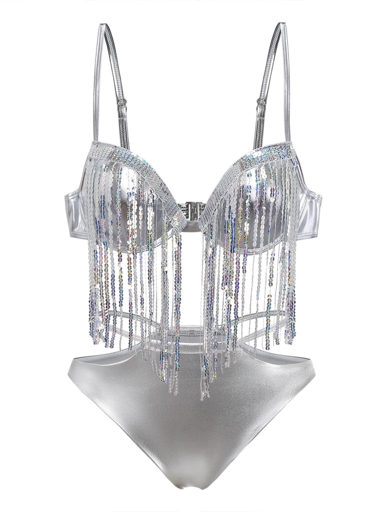 Bikini con frange in paillettes olografiche argento anni '70