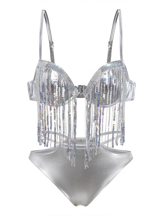 Bikini con frange in paillettes olografiche argento anni '70