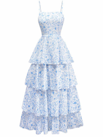 Abito a balze floreale con spalline sottili blu anni '70