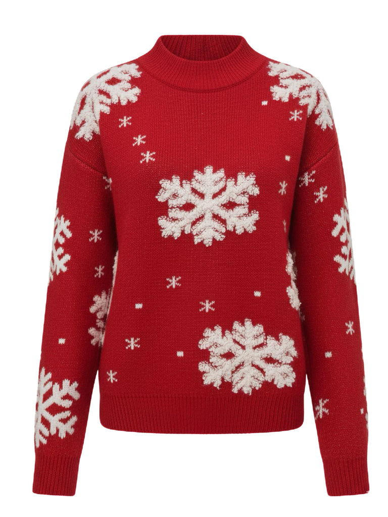 Maglione con fiocco di neve a collo alto in pile natalizio anni '40
