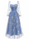 Abito con ricami floreali in rete a maniche lunghe blu anni '30
