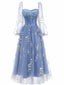 Abito con ricami floreali in rete a maniche lunghe blu anni '30