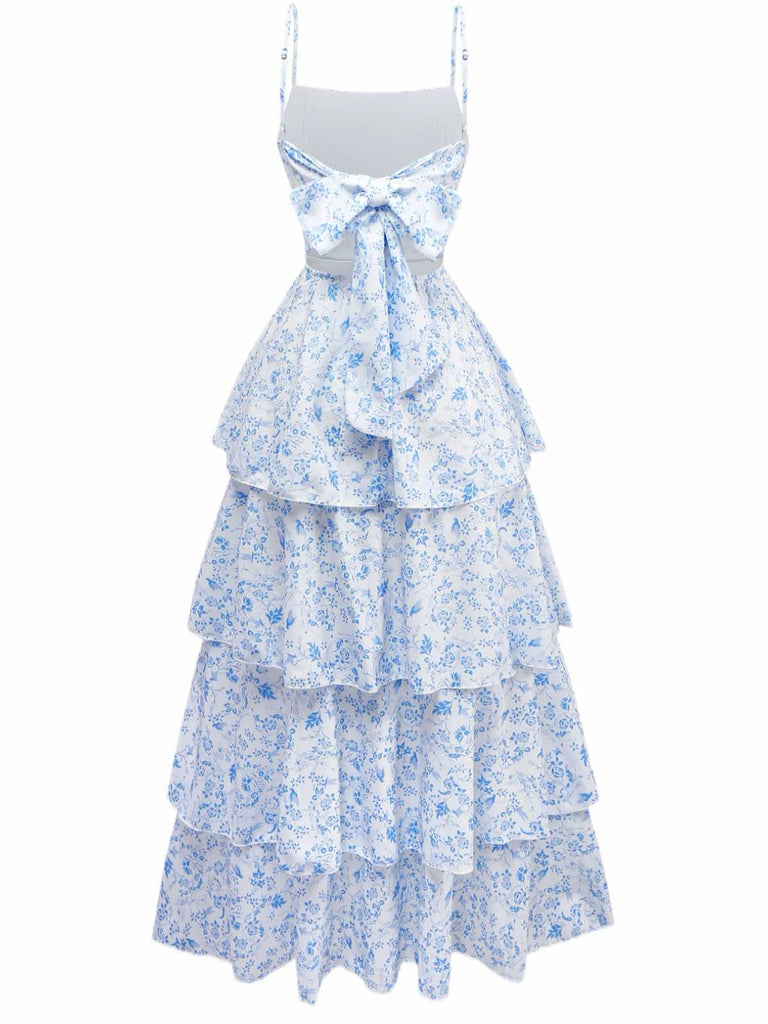 Abito a balze floreale con spalline sottili blu anni '70