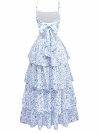Abito a balze floreale con spalline sottili blu anni '70