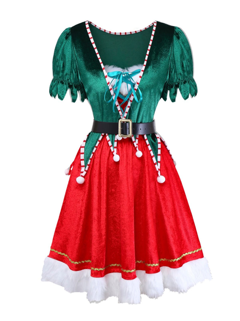 Top verde natalizio con scollo a V e gonna in pelliccia rossa anni '60