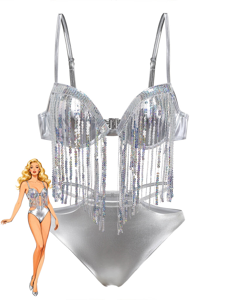 Bikini con frange in paillettes olografiche argento anni '70