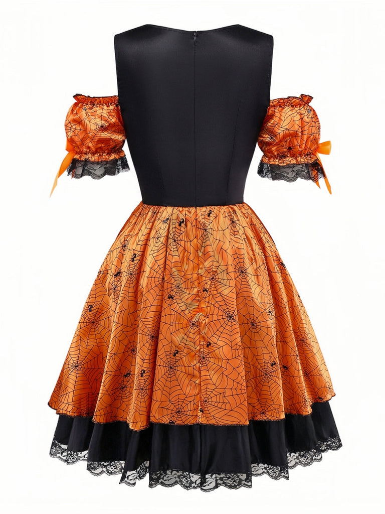 Abito arancione con ragnatela e zucca Halloween anni '60