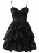 Front studio view of the dress in classic black, featuring the same lace bodice and tiered tulle skirt design.