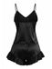 Back view of the black satin pajama set on a white background, showcasing its sleek and glossy texture.