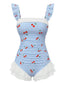 Costumi intero blu anni '50 a quadri ciliegia con volant