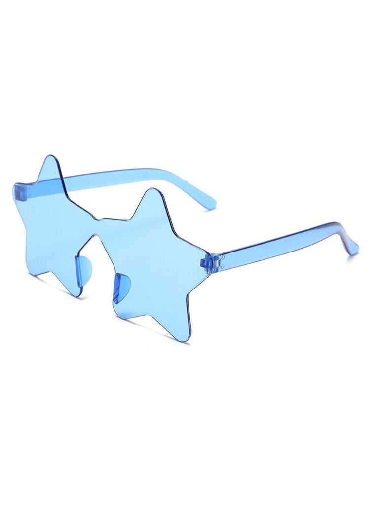 Cool blue star-shaped rimless sunglasses, ideal for outdoor events and photo props.