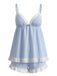 Front studio view of the blue and white striped sleeveless camisole and matching eyelet lace-trimmed shorts.
