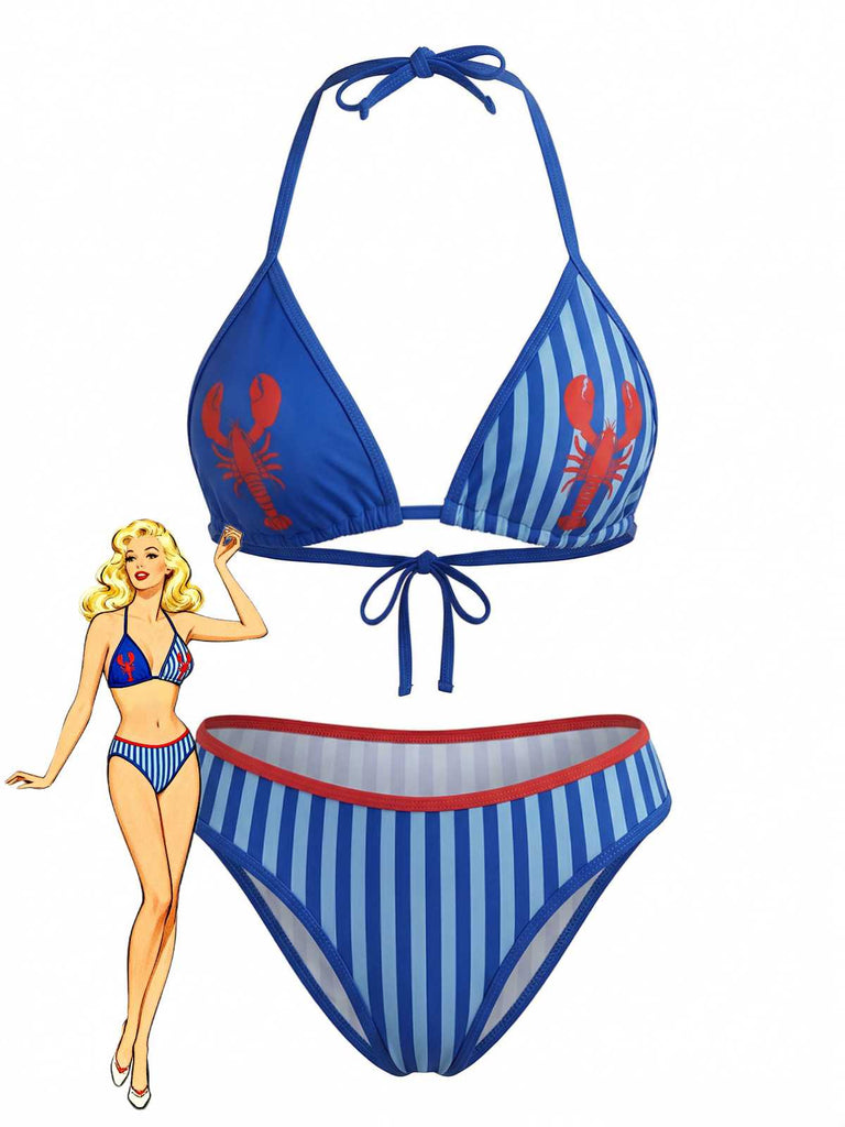 Set Bikini Triangolare Blu Anni '60con Stampa Aragosta e Righe