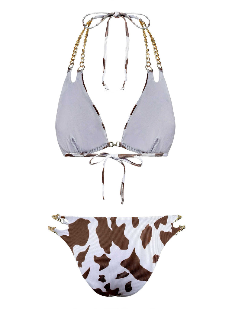 Set Bikini Anni '70 con Stampa Mucca a Coste