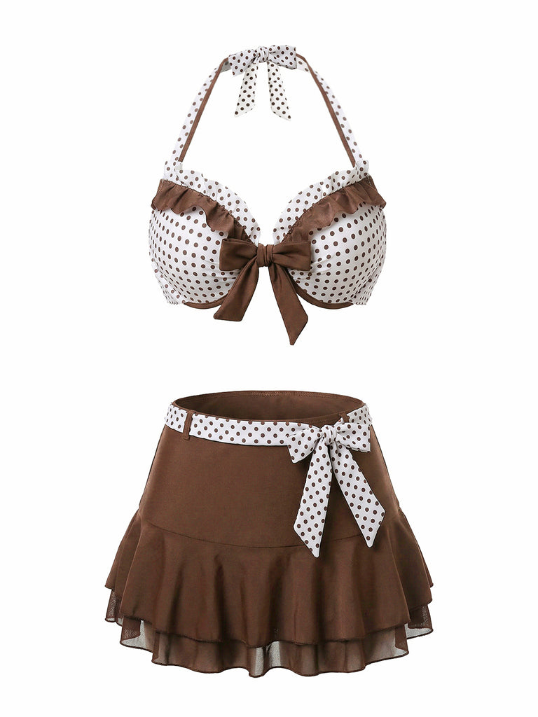 Costumi con gonna a pois a balze marrone anni '70