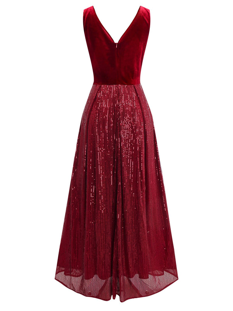 Abito lungo paillettes in velluto con scollo a V bordeaux anni '50